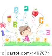 Poster, Art Print Of Happy Girl Running Through A Pixelated Garden With Flowers Numbers And Letters