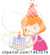 Red Haired Girl With A Pixelated Party Hat And Birthday Cake