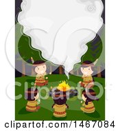 Poster, Art Print Of Group Of Native American Children Gathered Around A Bonfire With Smoke Forming Text Space