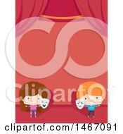 Clipart Of A Boy And Girl Holding Drama Masks On Stage Royalty Free Vector Illustration