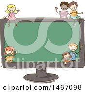 Poster, Art Print Of Sketched Group Of Children Around A Giant Computer Screen