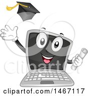 Laptop Computer Mascot Holding A Diploma And Tossing A Graduation Cap