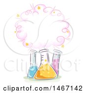 Clipart Of A Sketched Explosion Cloud Over Science Flasks Royalty Free Vector Illustration