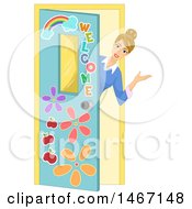 Poster, Art Print Of Female Teacher Peeking Around A Door And Welcoming