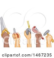 Poster, Art Print Of Sketched Row Of Worker Hands Holding Tools