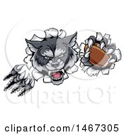 Clipart Of A Ferocious Gray Wolf Slashing Through A Wall With A Football Royalty Free Vector Illustration