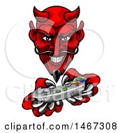 Clipart Of A Grinning Evil Red Devil Playing With A Video Game Controller Royalty Free Vector Illustration by AtStockIllustration