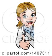 Clipart Of A Cartoon Friendly White Female Doctor Giving A Thumb Up Around A Sign Royalty Free Vector Illustration
