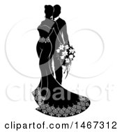 Clipart Of A Black And White Silhouetted Posing Wedding Bride And Groom With A Bouquet Royalty Free Vector Illustration