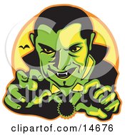Male Vampire With Dark Hair Slicked Back Reaching Outwards While Grinning And Showing His Fangs As A Vampire Bat Flies In The Distance Clipart Illustration