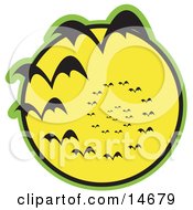 Continuous Vortex Spiral Of Vampire Bats Flying In Silhouette Against A Bright Full Yellow Moon And Slowly Disappearing In The Distance Clipart Illustration