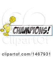 Poster, Art Print Of Golden Trophy Mascot Holding Up A Basketball By A Champions Banner