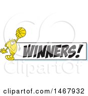 Poster, Art Print Of Golden Trophy Mascot Holding Up A Basketball By A Winners Banner