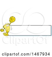 Poster, Art Print Of Golden Trophy Mascot Holding Up A Basketball By A Blank Banner