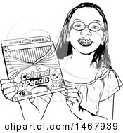 Poster, Art Print Of Black And White Grinning School Girl Holding A Box Of Colored Pencils