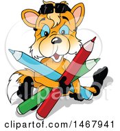 Poster, Art Print Of Blue Eyed Fox Sitting With Giant Colored Pencils