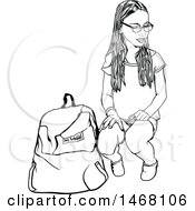 Poster, Art Print Of School Girl Crouching By A Backpack