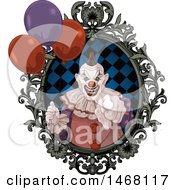 Poster, Art Print Of Scary Evil Clown Pointing Outwards From A Frame With Party Balloons