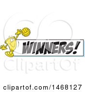 Clipart Of A Golden Trophy Cup Mascot Playing Volleyball By A Winners Banner Royalty Free Vector Illustration