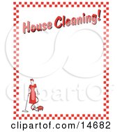 Woman Vacuuming With A Canister Vacuum With Text Reading House Cleaning Borderd By Red Checkers Clipart Illustration