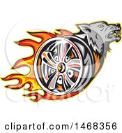 Poster, Art Print Of Tough Wolf Head And Flaming Tire Wheel Rim