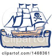 Poster, Art Print Of Retro Galleon Pirate Ship Over A Banner