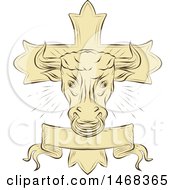 Sketched Taurus Bull Over A Christian Cross And Banner