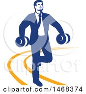 Poster, Art Print Of Retro Business Man Power Walking With Dumbbells On An Orange Lined Path