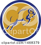 Clipart Of A Retro Bighorn Mountain Sheep Leaping In A Blue White And Orange Circle Royalty Free Vector Illustration by patrimonio