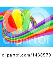 Clipart Of A Rainbow Wave Around Ice Lollies Over Blue Royalty Free Vector Illustration by elaineitalia