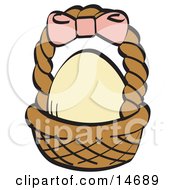 Egg In A Brown Easter Basket With A Pink Bow On The Handle Clipart Illustration