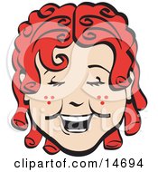 Poster, Art Print Of Happy Curly Red Haired Girl With Freckles Laughing Retro Clipart Illustration
