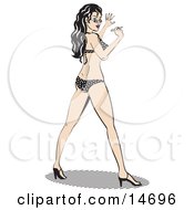 Sexy Long Haired Brunette Woman In A Black And White Polka Dot Bikini Looking Back Over Her Shoulder Clipart Illustration