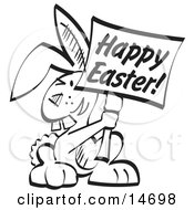 Buck Toothed Bunny Rabbit Holding A Happy Easter Sign Clipart Illustration
