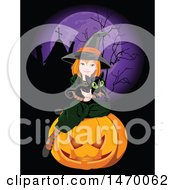 Poster, Art Print Of Cute Witch Girl Holding A Black Cat And Sitting On A Halloween Pumpkin In A Cemtery Under A Full Purple Moon