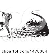 Poster, Art Print Of The Pied Piper Marching With A Trail Of Rats And Playing A Pipe In Black And White Woodcut