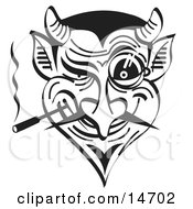 Poster, Art Print Of Evil And Greedy Devil Smoking And Grinning Black And White Clipart Illustration