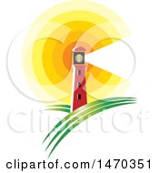Clipart Of A Lighthouse With A Shining Beacon Against A Sunset Royalty Free Vector Illustration by Lal Perera