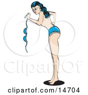 Sexy Brunette Woman In A Denim Bikini Waving Her Top And Standing Topless Clipart Illustration by Andy Nortnik