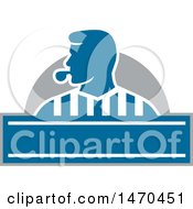 Clipart Of A Silhouetted Referee Umpire Blowing A Whistle Over A Blue Banner Royalty Free Vector Illustration by patrimonio