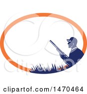 Poster, Art Print Of Silhouetted Duck Hunter Holding A Shotgun In A Blue And Orange Oval