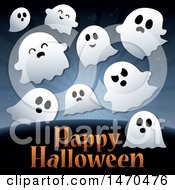 Poster, Art Print Of Happy Halloween Greeting Under A Group Of Ghosts