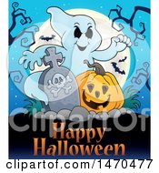 Poster, Art Print Of Ghost With A Tombstone And Halloween Jackolantern Over Text