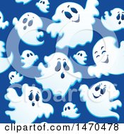 Poster, Art Print Of Seamless Ghosts On Blue Halloween Pattern Background