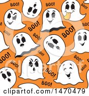 Poster, Art Print Of Seamless Ghosts On Orange Halloween Pattern Background