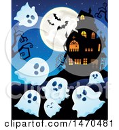 Clipart Of A Group Of Halloween Ghosts Near A Haunted House Royalty Free Vector Illustration