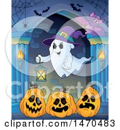 Poster, Art Print Of Halloween Ghost Holding A Lantern Over Jackolantern Pumpkins In A Hallway
