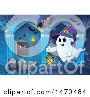 Clipart Of A Halloween Ghost Wearing A Witch Hat And Flying With A Lantern Royalty Free Vector Illustration by visekart