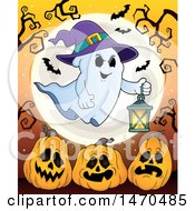 Poster, Art Print Of Halloween Ghost Holding A Lantern Over Jackolantern Pumpkins