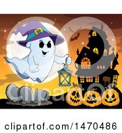 Poster, Art Print Of Halloween Ghost Holding A Lantern Over Jackolantern Pumpkins Near A Haunted House